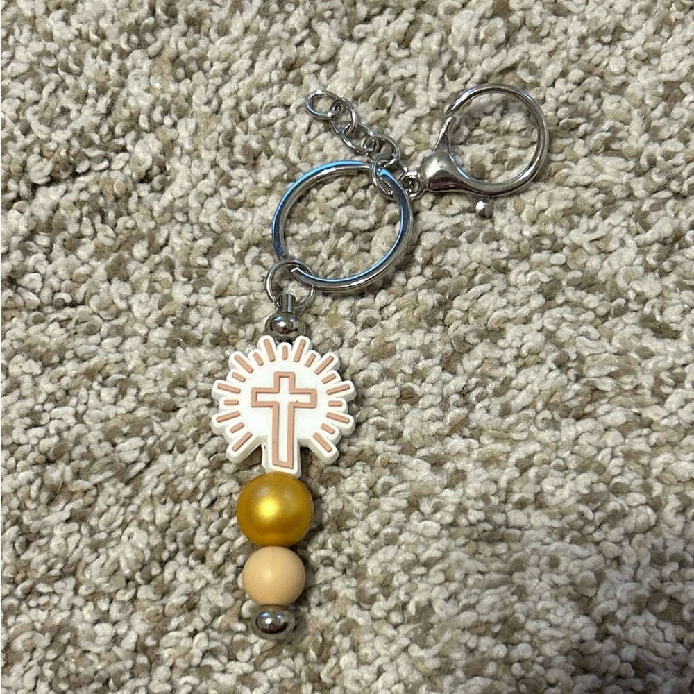 Gold and Cream Keychain with Cross Charm